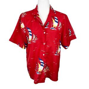 Vintage Cheryl Tiegs Button Up Shirt Women 16 Red Short Sleeve Boat Print Casual